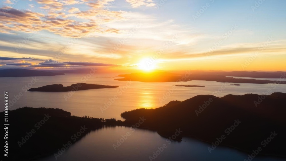A breathtaking aerial view of Pucon Peninsula at sunset in Araucania Region, Chile, showcasing golden hour lighting and tranquil waters, golden hour, Araucania Region