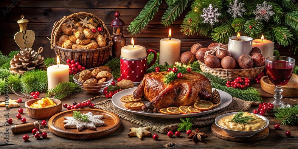 Fototapeta premium Festive Food Table for God Jul and Merry Christmas Celebrations with Traditional Dishes, Colorful Decorations, and Warm Holiday Ambiance for Cozy Gatherings