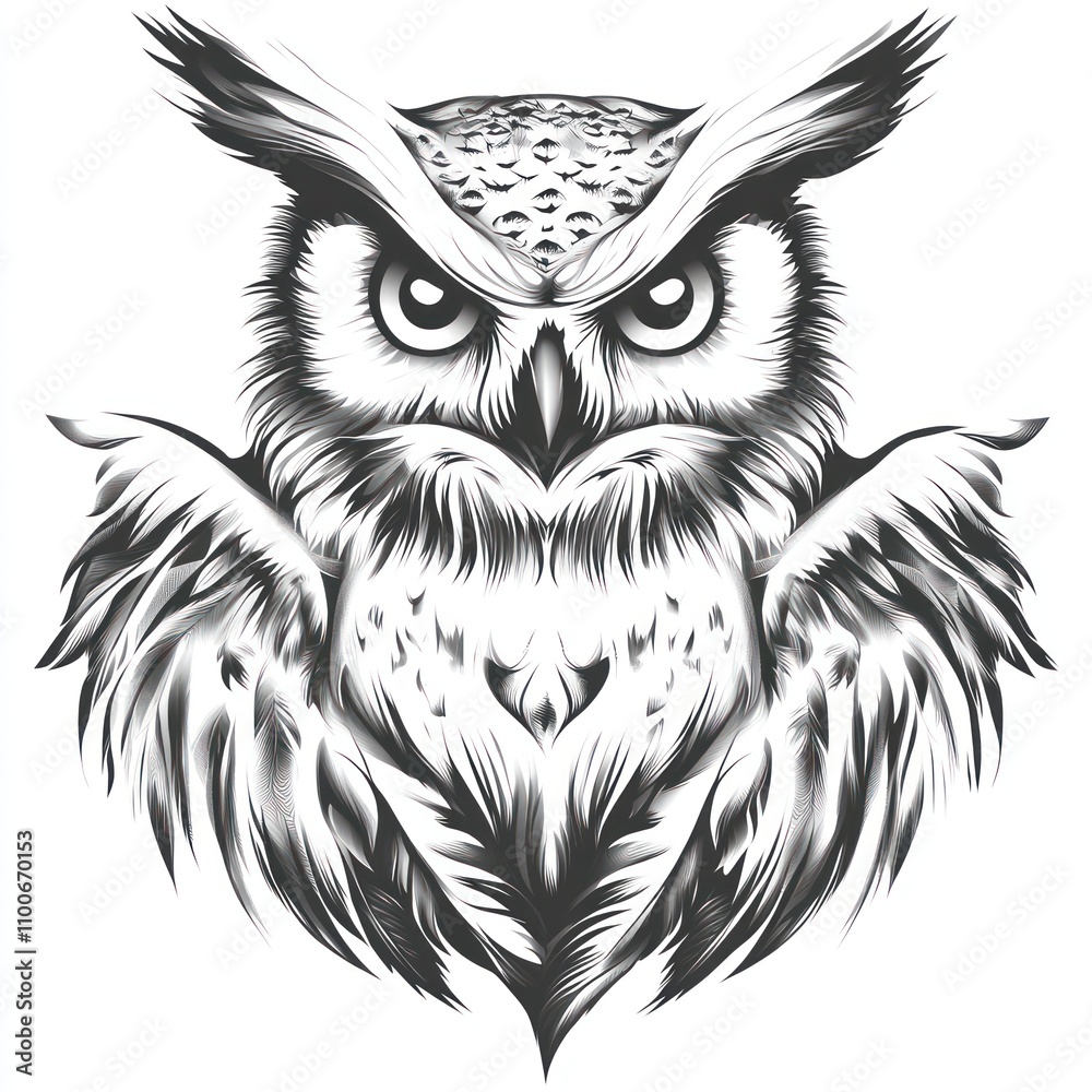 Fototapeta premium A stylized black and white illustration of an owl with intricate feather details.