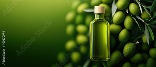 Fresh olive oil bottle surrounded by green olives, showcasing natural ingredients and vibrant colors. Perfect for culinary and health related themes photo