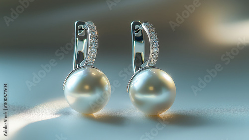 An elegant pair of sterling silver earrings with lustrous pearls is showcased against a soft gray background. Gentle lighting highlights the smooth surface and shimmer of the pearls, radiating sophist photo