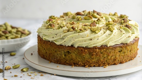 Nutty pistachio cake topped with creamy pistachio frosting , dessert, sweet, food, pistachio, cake, nuts, bakery, snack