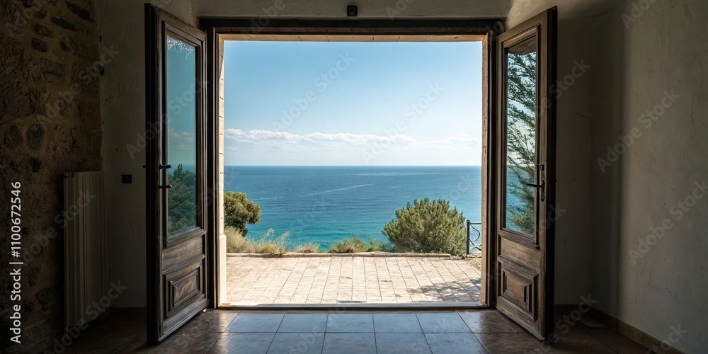 Fototapeta premium Porte donnant sur une vue imprenable sur l'oc?an, ocean, sea, scenic, door, entrance, breathtaking, panorama