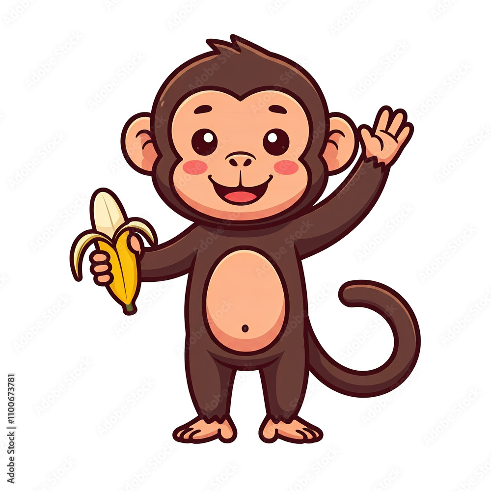 Fototapeta premium Collection of Isolated Smiling Cute Little Monkey Characters Holding a Banana and Waving