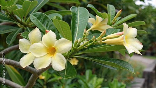 Blooming desert rose with soft yellow petals and vivid green foliage in background, yellow, desert rose, flower, elegant