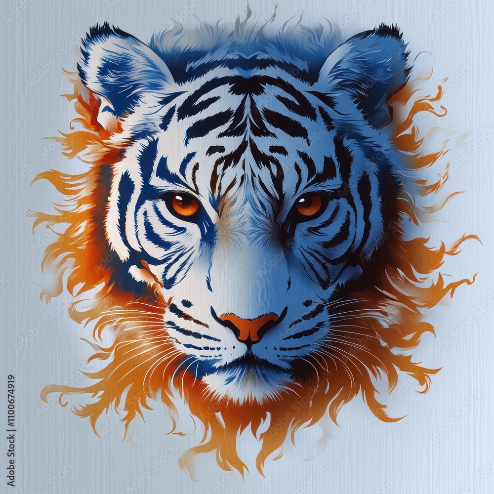 Fototapeta A stylized blue and orange illustration of a tiger's face with flowing mane-like flames.