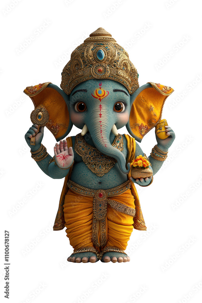 Fototapeta premium Happy Ganesh cartoon character with vibrant colors, adorned in traditional attire, holding symbolic items like modak and lotus, radiating joy and positivity