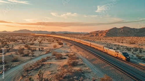 A scenic view of the Southwest Chief Amtrak train traveling through the desert landscape at sunset.