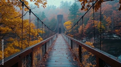 Misty autumn scene of a wooden suspension bridge in a forest with vibrant fall foliage.