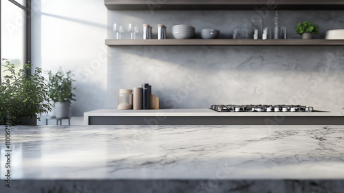 Close-up Marble granite kitchen counter island for product display on modern bright and clean kitchen space. 3d rendering, 3d illustration photo