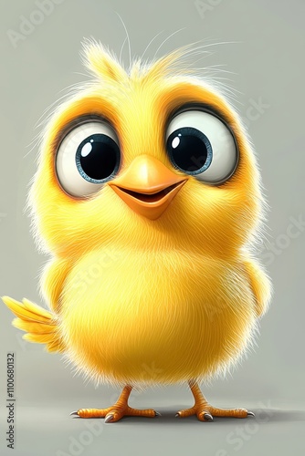 Fluffy yellow cartoon chick with big eyes	