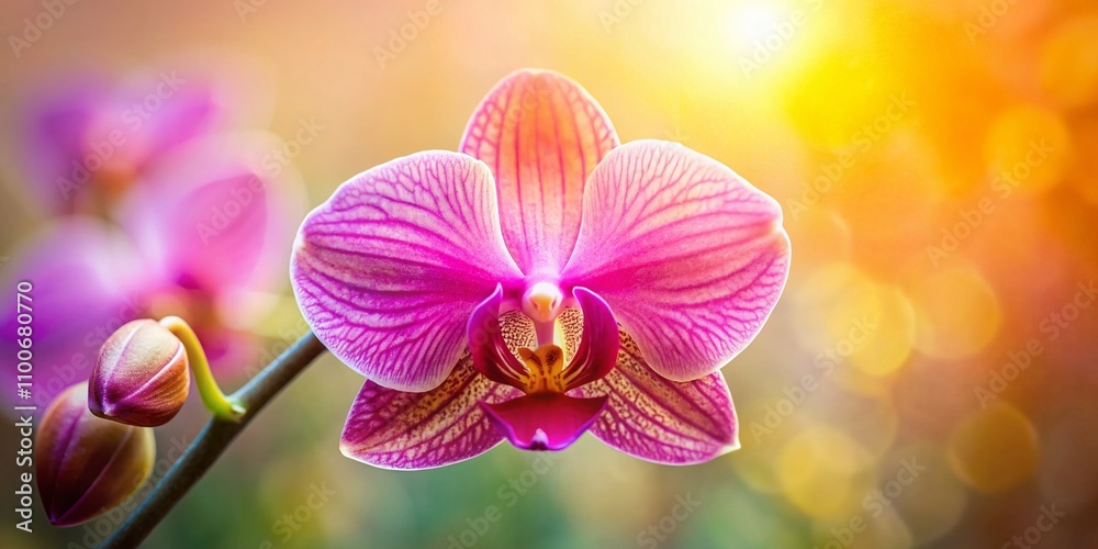 Graceful Silhouette of a Pink Orchid Flower with Striking Purple and Yellow Pistil, Captured Against a Soft Backdrop for Nature and Floral Enthusiasts