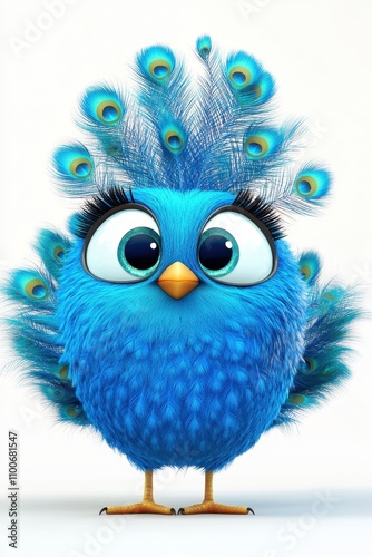 Cute cartoon peacock chick with feathers	