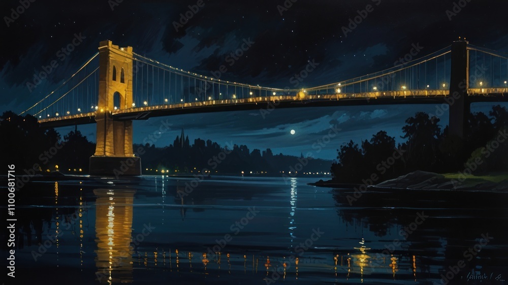 Fototapeta premium Illuminated suspension bridge at night reflecting on calm water.