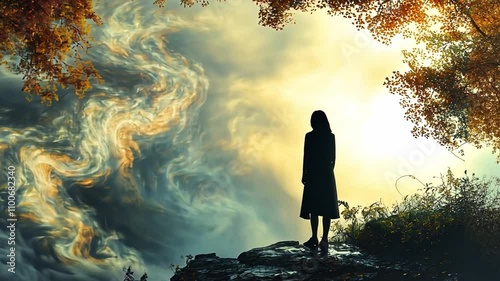 Wallpaper Mural A solitary figure gazes at a stunning sky of swirling clouds and vibrant autumn foliage at sunset Torontodigital.ca