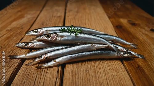 aesthetic preparation of anchovies on a wooden table background