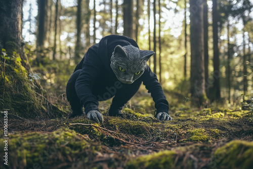 Person dressed up in a cat costume crouched on all fours in the forest. Quadrobics and therian concept photo