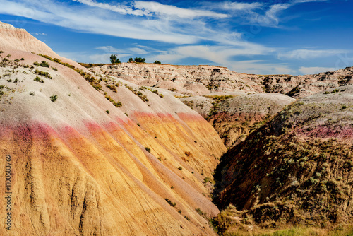 Rugged multi color plains, mountains and valleys of Badlands National Park near Wall, South Dakota photo