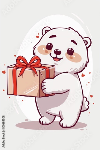 Happy Cartoon Polar Bear Illustration holding Present for Christmas and Birthday Celebrations