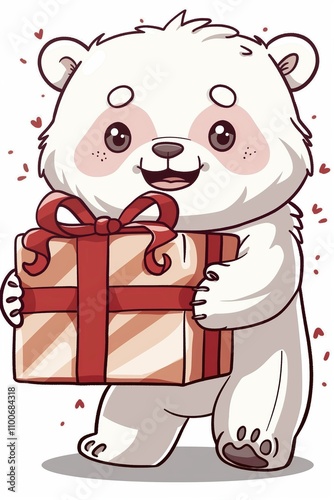 Happy Cartoon Polar Bear Illustration holding Present for Christmas and Birthday Celebrations