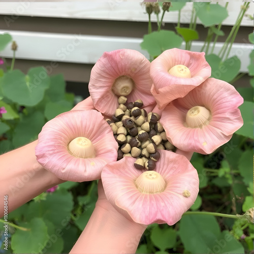 Collecting seed of the distinctive papery seed pods (silicles) of honesty or annual honesty (Lunaria annua). Family Brassicaceae or Cruciferae. Summer in a Dutch garden. photo