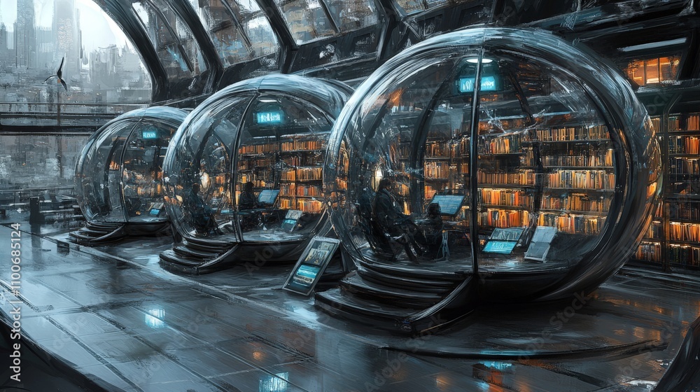 Obraz premium Modern Reading Space with Glass Pods and Cool Lighting