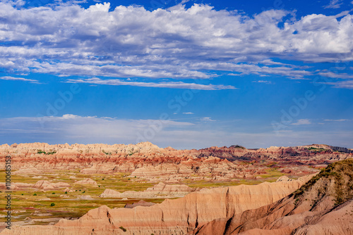 Rugged multi color plains, mountains and valleys of Badlands National Park near Wall, South Dakota photo