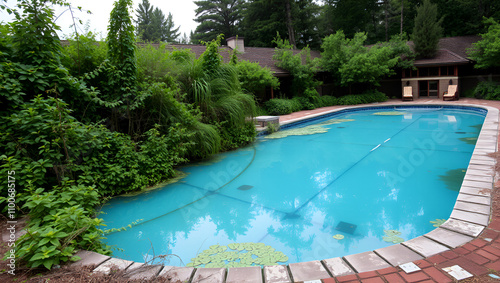 Abandoned Resort by the Lake: Overgrown vegetation encroaches upon a forgotten resort's pool, its turquoise water stagnant and still, hinting at a bygone era of leisure and prosperity. photo