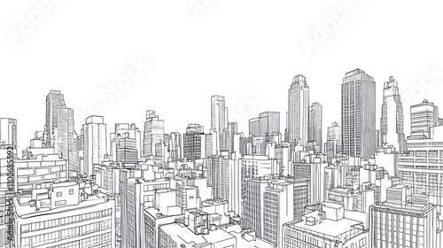 A detailed line drawing of a city skyline with various buildings and structures.