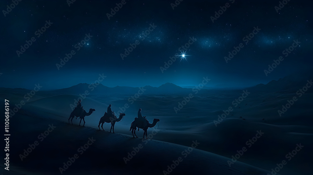 Fototapeta premium un paisaje de noche entre el desierto con los tres reyes magos en camellos con la estrella de belen guiandolos al nacimiento del niño Dios con espacio de copia