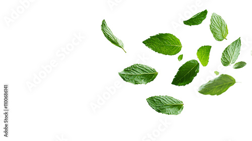 Flying Delicious Fresh Mint Leaves on Transparent Background