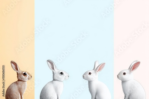 A quartet of rabbits sits in profile on a pastel backdrop, their diverse fur colors complementing the soft, calming hues of the background beautifully.