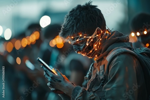 A person is intensely focused on their smartphone, their face dramatically lit by string lights, creating a moody and striking visual in the depths of night. photo