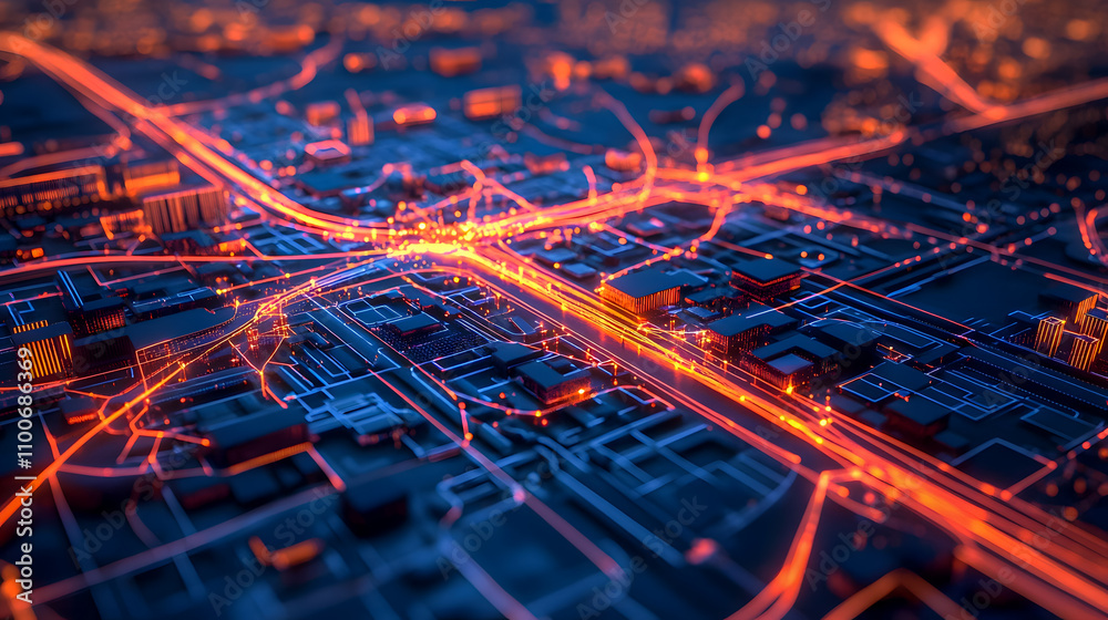 Abstract urban cityscape with illuminated roadways at night showcasing vibrant light patterns in a digital 3D rendering of a metropolitan environment Abstract urban cityscape with illuminated roadways at night showcasing vibrant light patterns in a digital 3D rendering of a metropolitan environment