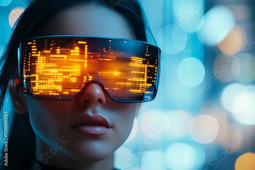 A woman wearing a sleek virtual reality headset engages with a bright and futuristic digital interface, illustrating modern connectivity and the immersive experiences of technology. photo