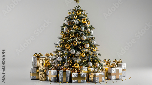 a luxurious christmas tree with silver and golden balls and gifts on white background