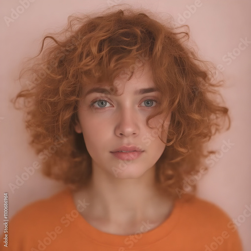 Una linda chica, muy natural,de pelo chino y rojizo