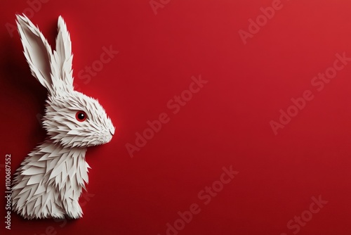 A meticulously crafted paper rabbit stands out against a striking red background, showcasing the artistry and precision of paper art in its captivating simplicity and elegance. photo