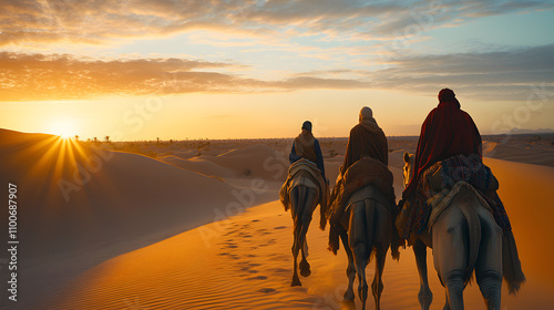 paisaje del desierto con los tres reyes magos celebracion religiosa siguiendo la estrella de belen en visperas de navidad photo