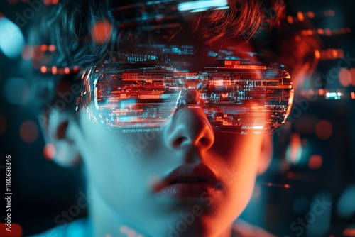 A child wearing futuristic digital glasses with glowing neon lights reflects technology's impact on the younger generation, revealing an immersive digital experience. photo