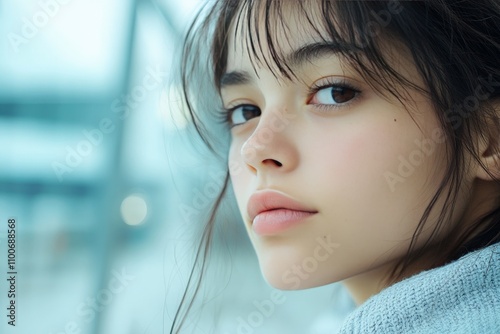 A young woman gazes thoughtfully off camera, framed by soft lighting and a gentle breeze, capturing a moment of introspection and serene contemplation. photo