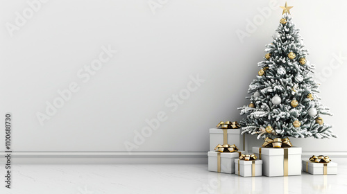 a modern minimalist Christmas tree with gifts on white abstract background