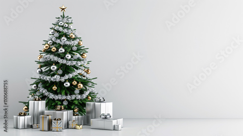 a modern minimalist Christmas tree with gifts on white abstract background