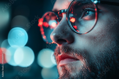 A close-up portrait of a person wearing digital glasses with reflection, portraying thoughtfulness and the reflection of digital innovation on human experience. photo