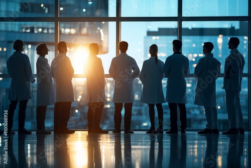 A group of medical professionals in white coats stands by a large window, silhouetted against a glowing sunset, symbolizing dedication and teamwork in healthcare.