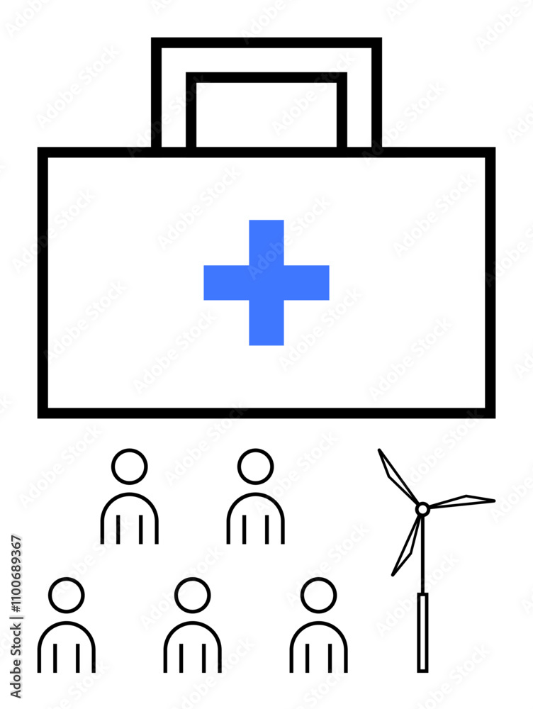 Fototapeta premium Medical kit with blue cross five people figures, and wind turbine. Ideal for depicting health, community, sustainability, renewable energy, healthcare, teamwork, and wellness. Line metaphor