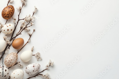 A collection of beautifully decorated Easter eggs resting on delicate branches, symbolizing tradition, creativity, and the celebration of renewal during springtime. photo