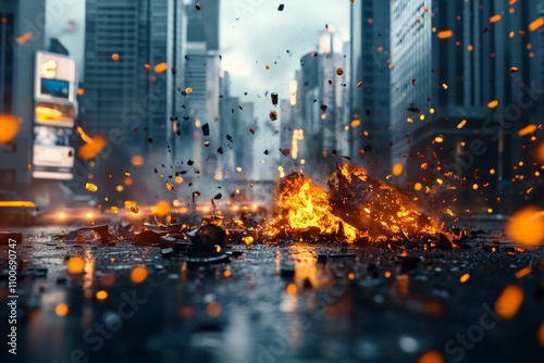 An intense explosion erupts on a city street, sending fiery sparks and chunks of debris into the air, capturing a moment of chaos and mayhem in an urban environment.