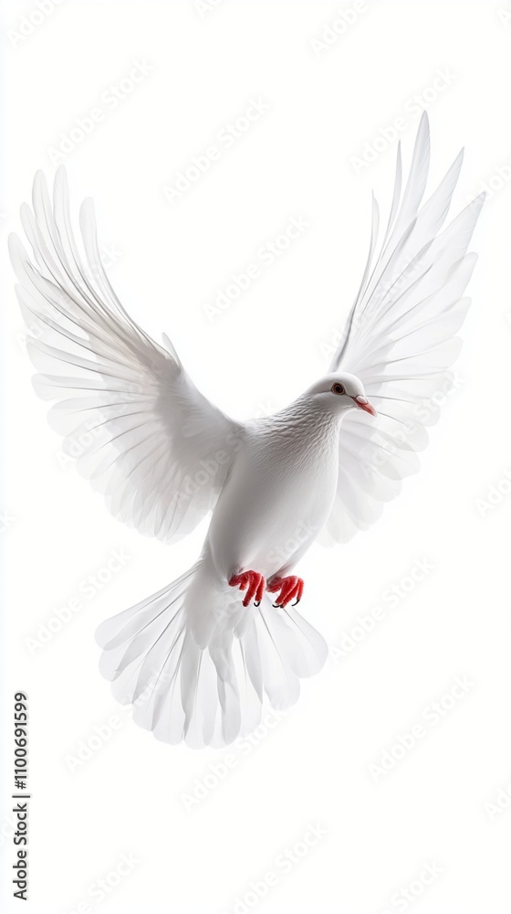 Obraz premium Majestic white dove in flight, wings spread wide against a pure white background, symbolizing peace and freedom with its graceful pose and red feet.