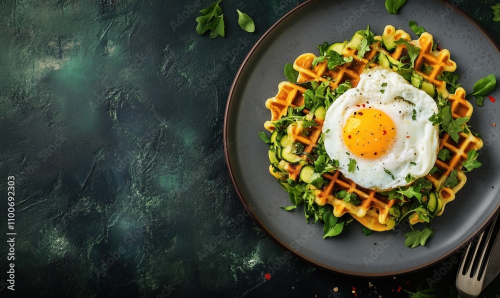 Waffles topped with poached egg and arugula, vibrant dish, fresh ingredients, healthy breakfast option, green herbs, gourmet presentation Waffles topped with poached egg and arugula, vibrant dish, fresh ingredients, healthy breakfast option, green herbs, gourmet presentation